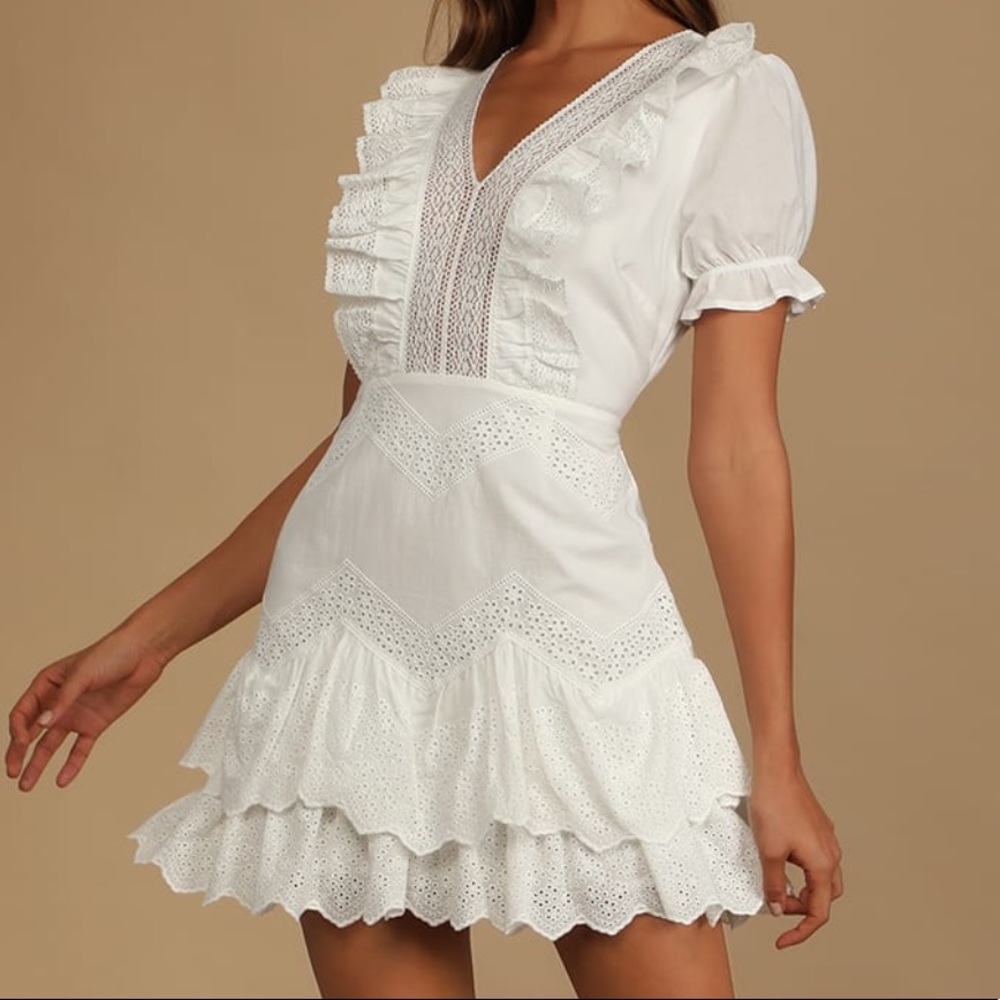Lulu’s Simply a Sweetheart White Ruffled Eyelet Lace Mini Dress